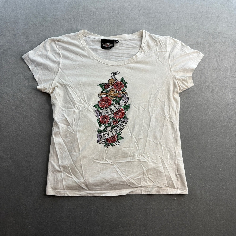 Vintage Harley Davidson Womens XL Rime‎ stone Shirt Motorcycle Dagger Rose